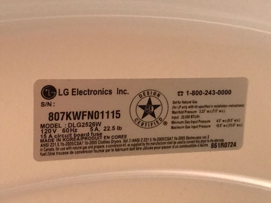 LG Gas Dryer DLG2526W Super Capacity Quiet Operation Like New