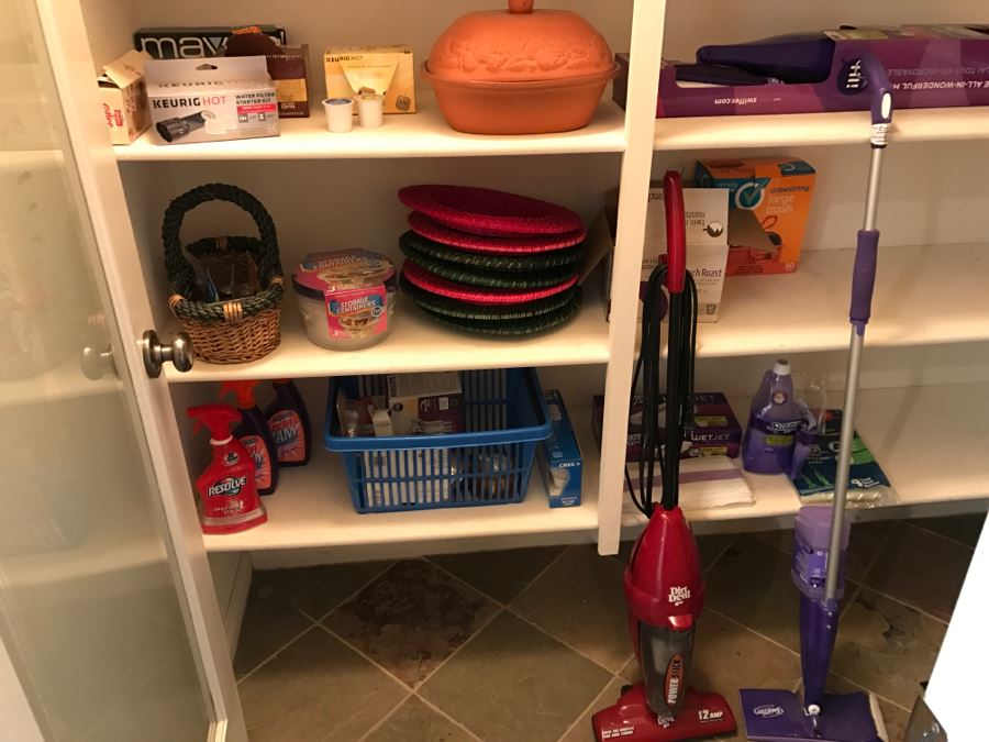 Pantry Lot Includes Swiffer Wet Jets With Supplies, Light Bulbs, Dirt Devil, Batteries, KEURIG Coffees - See All Photos