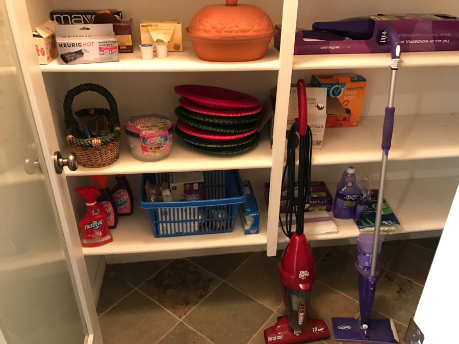 Pantry Lot Includes Swiffer Wet Jets With Supplies, Light Bulbs, Dirt Devil, Batteries, KEURIG Coffees - See All Photos [Photo 2]