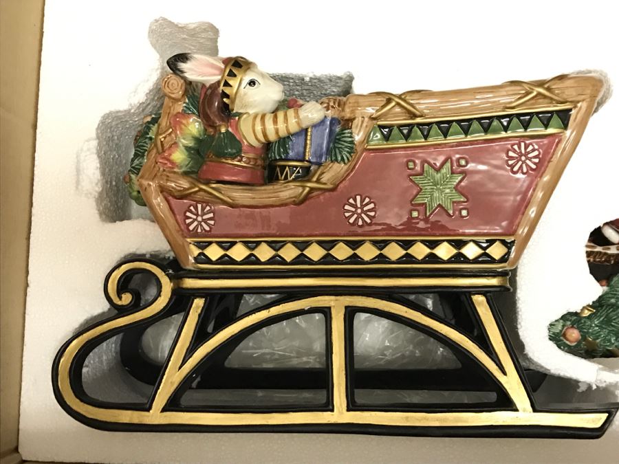 Fitz And Floyd Christmas Lodge Cookie Jar Santa With Sleigh $365 Retail [Photo 4]