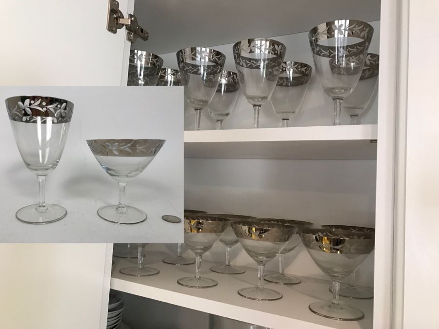 Elegant Set Of (22) Silver Rim Patterned Stemware Glasses