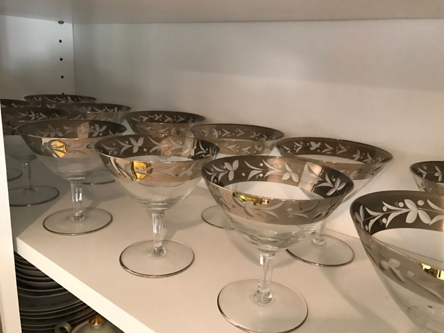 Elegant Set Of (22) Silver Rim Patterned Stemware Glasses [Photo 7]