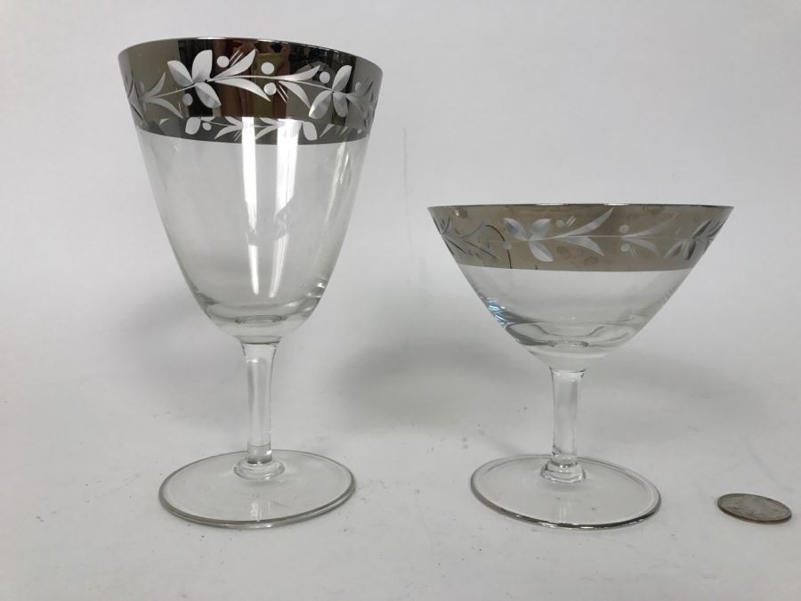 Elegant Set Of (22) Silver Rim Patterned Stemware Glasses [Photo 8]