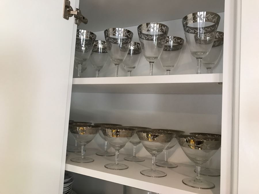 Elegant Set Of (22) Silver Rim Patterned Stemware Glasses [Photo 3]