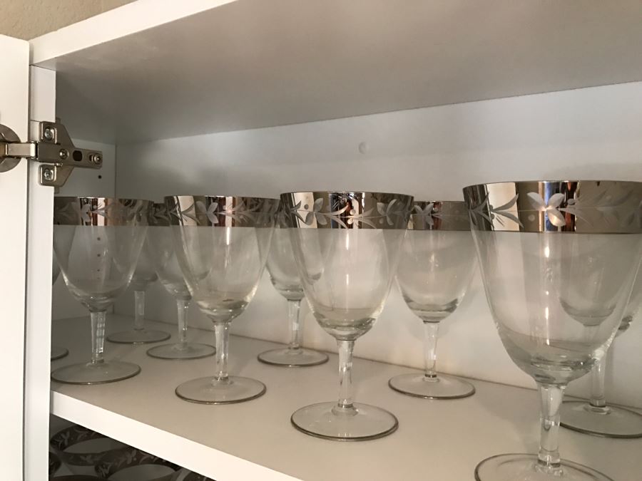 Elegant Set Of (22) Silver Rim Patterned Stemware Glasses [Photo 6]