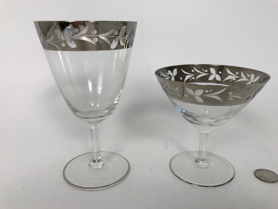 Elegant Set Of (22) Silver Rim Patterned Stemware Glasses [Photo 2]