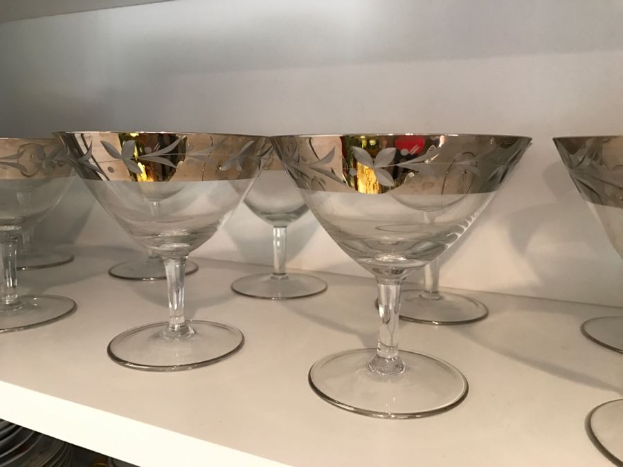 Elegant Set Of (22) Silver Rim Patterned Stemware Glasses [Photo 4]
