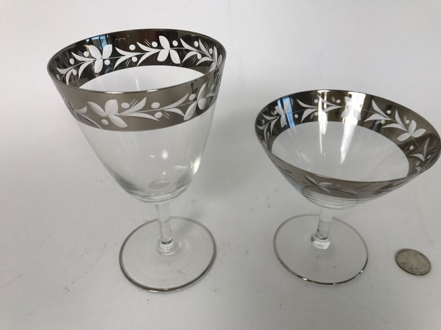 Elegant Set Of (22) Silver Rim Patterned Stemware Glasses [Photo 9]