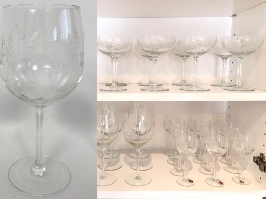 Set Of (36) Vintage Etched Glass Stemware Glasses Made In Roumania Romania Some Glasses With Original Labels