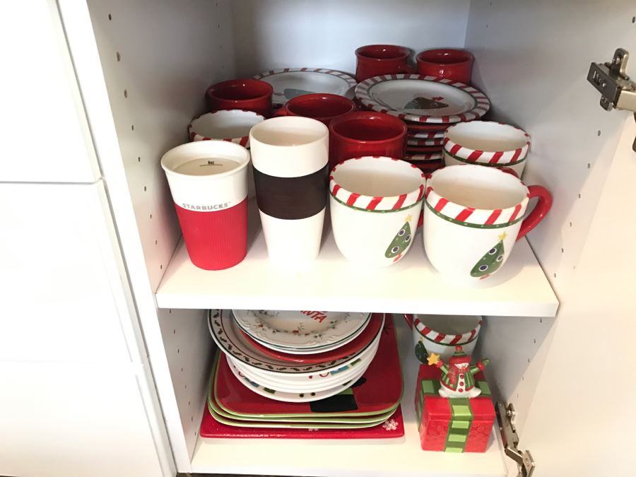 Various Holiday Themed Coffee Cups Mugs, Plates And Bowls