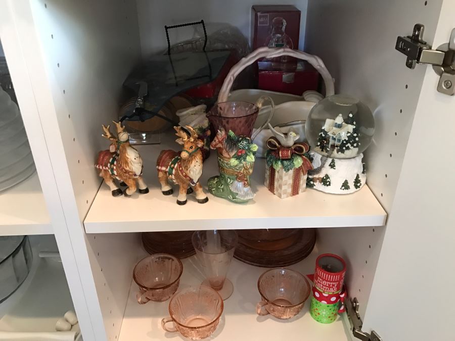Kitchen Cupboard Lot With Home Decor Items, Glassware, MIKASA - See Photos [Photo 1]