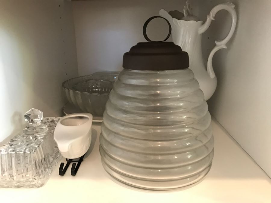 Kitchen Cupboard Lot With Various Glass Bowls, Ewer Pitcher - See Photos [Photo 2]
