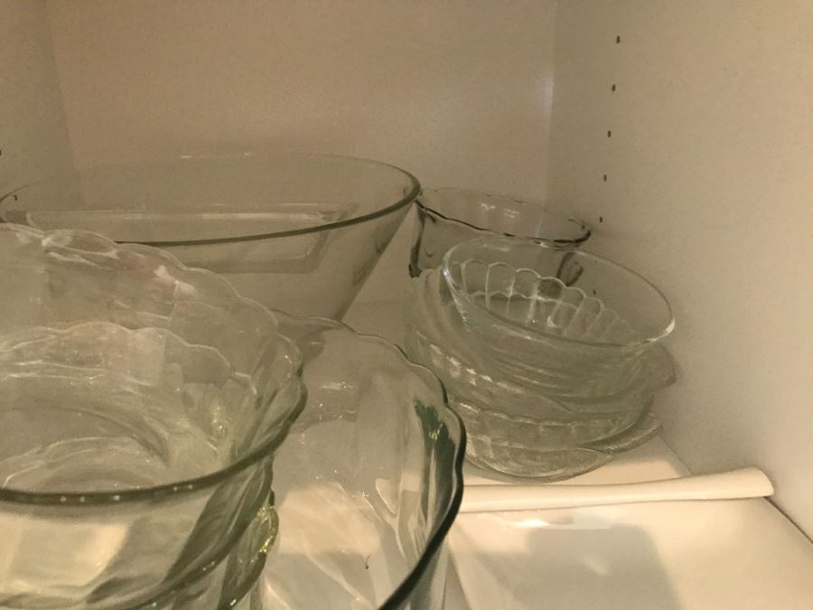 Kitchen Cupboard Lot With Various Glass Bowls, Ewer Pitcher - See Photos [Photo 9]