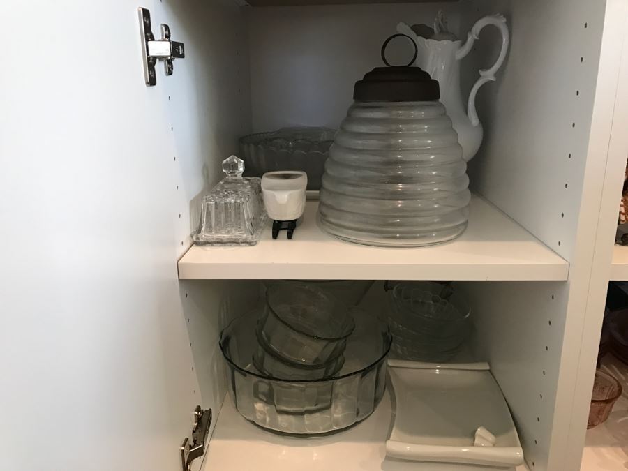 Kitchen Cupboard Lot With Various Glass Bowls, Ewer Pitcher - See Photos [Photo 1]