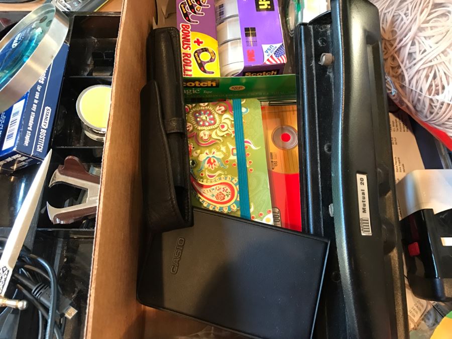 Huge Office Supply Lot With Desk Organizers, Pens, Tape, Paperclips, Memo Pads, Envelopes, Magnifying Glass - See Photos [Photo 8]