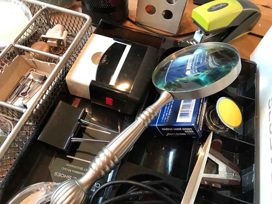 Huge Office Supply Lot With Desk Organizers, Pens, Tape, Paperclips, Memo Pads, Envelopes, Magnifying Glass - See Photos [Photo 14]