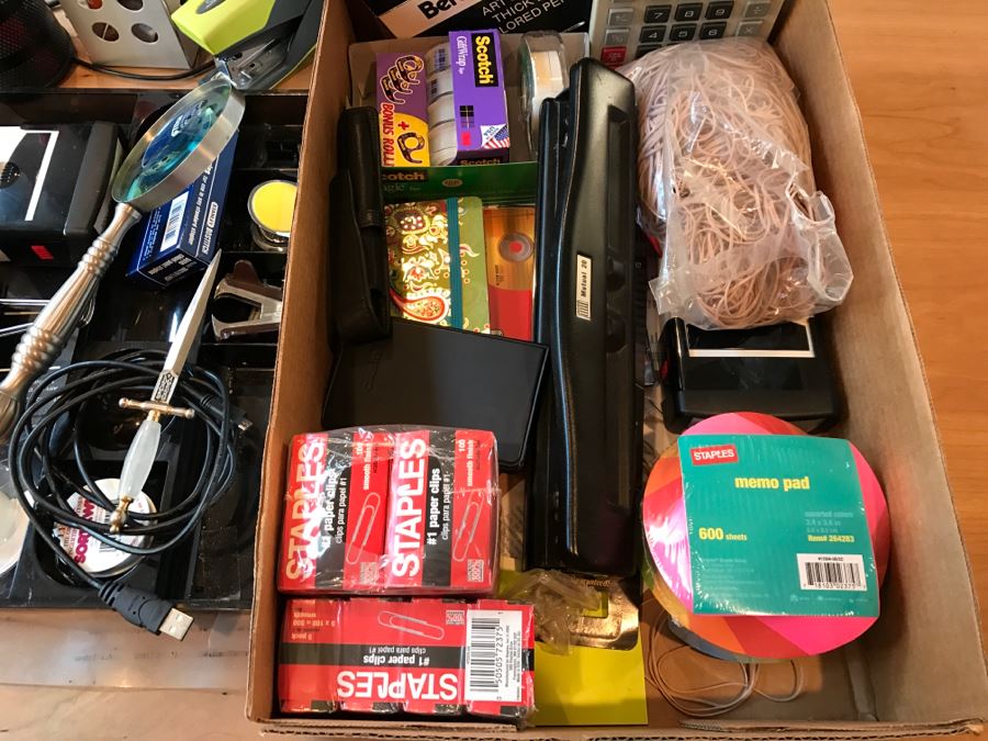 Huge Office Supply Lot With Desk Organizers, Pens, Tape, Paperclips, Memo Pads, Envelopes, Magnifying Glass - See Photos [Photo 3]