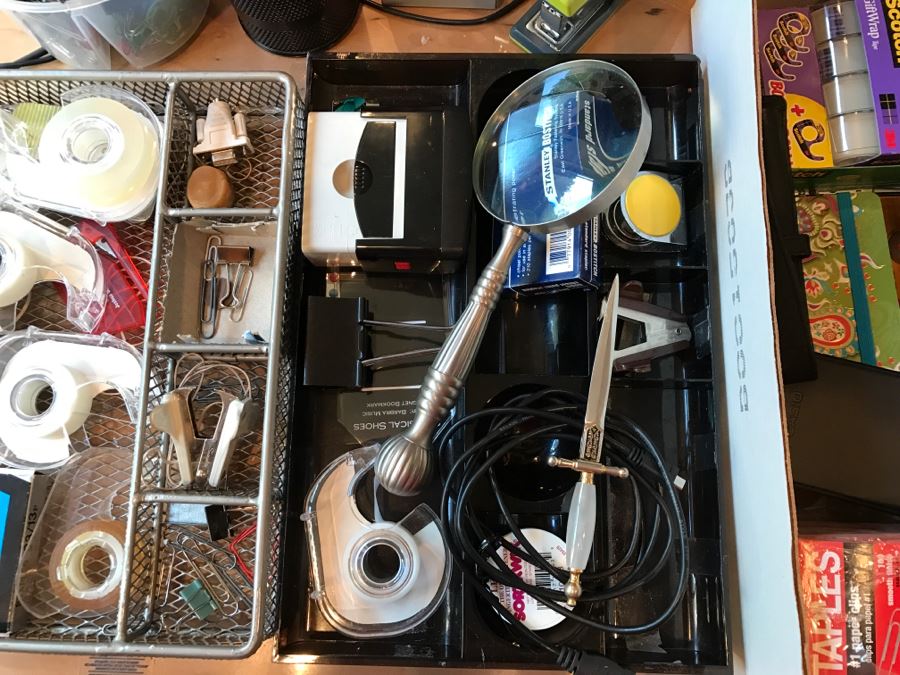 Huge Office Supply Lot With Desk Organizers, Pens, Tape, Paperclips, Memo Pads, Envelopes, Magnifying Glass - See Photos [Photo 12]