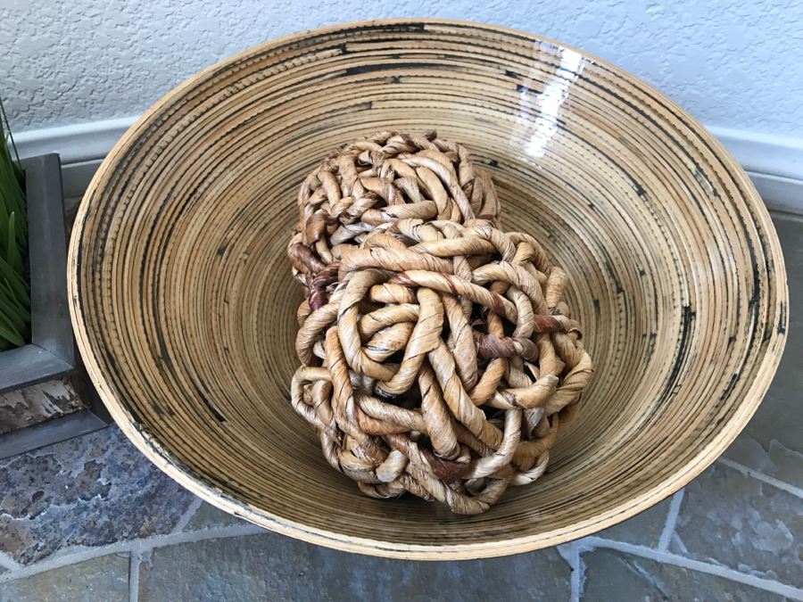 Home Decor Lot With Faux Grass, Plate With Stand And Bowl With Rope Balls [Photo 4]