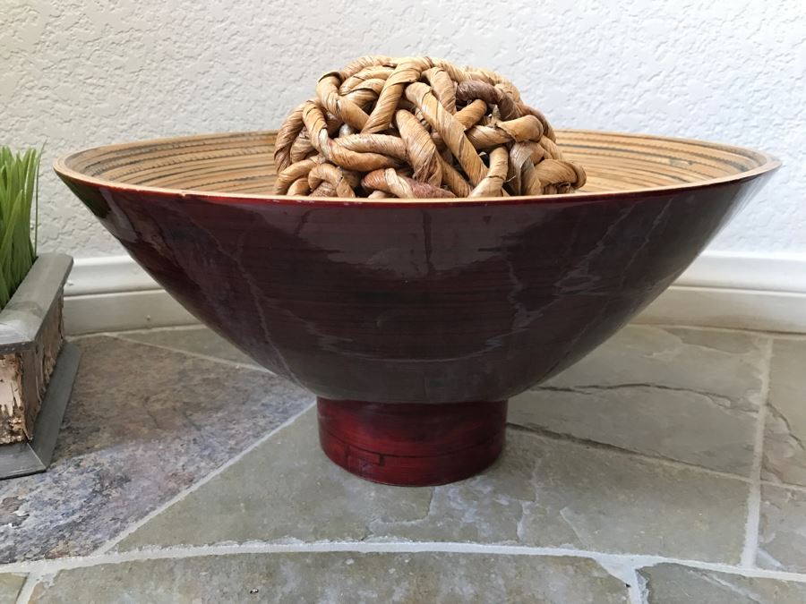 Home Decor Lot With Faux Grass, Plate With Stand And Bowl With Rope Balls [Photo 3]