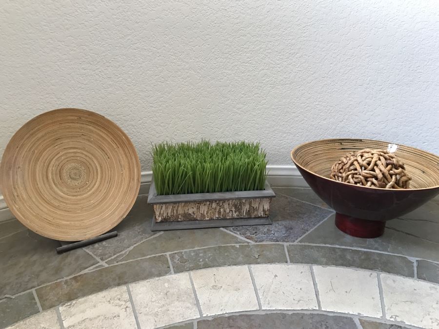 Home Decor Lot With Faux Grass, Plate With Stand And Bowl With Rope Balls [Photo 1]