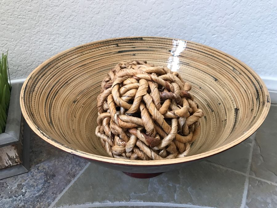 Home Decor Lot With Faux Grass, Plate With Stand And Bowl With Rope Balls [Photo 2]