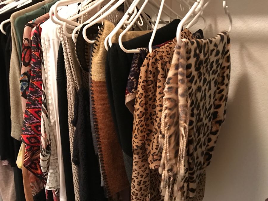 Closet Rack Of Ladies Clothes Shirts, Scarves, Jackets, Jeans Size L 14 - See Photos [Photo 7]