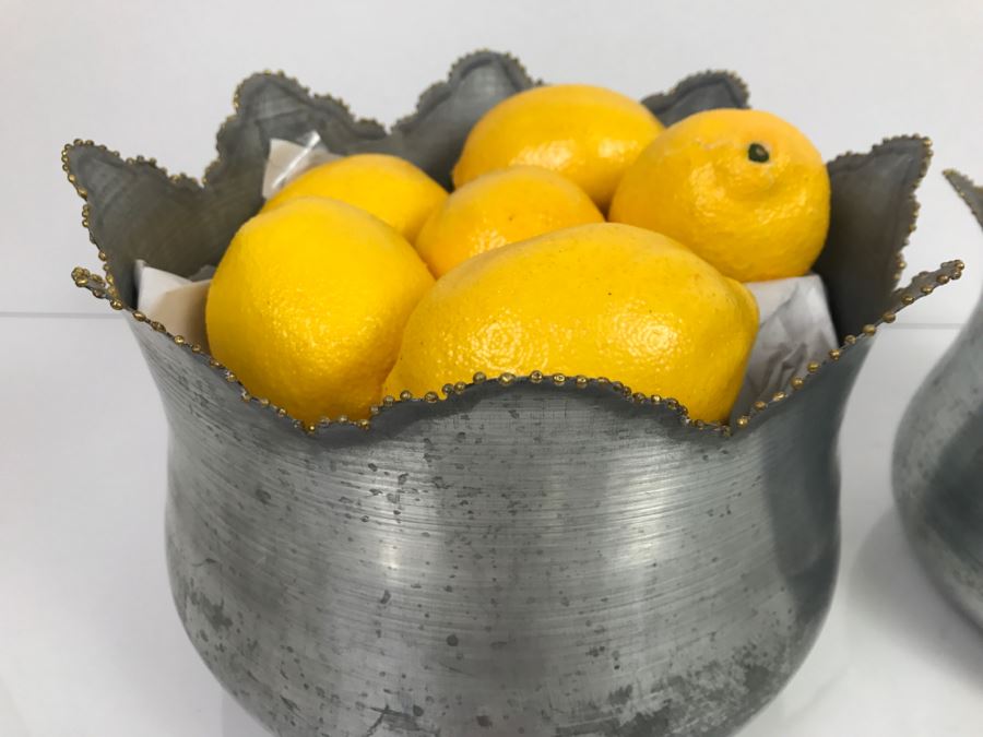 Pair Of Metal Bowls Filled With Faux Fruit Lemons Pears [Photo 4]