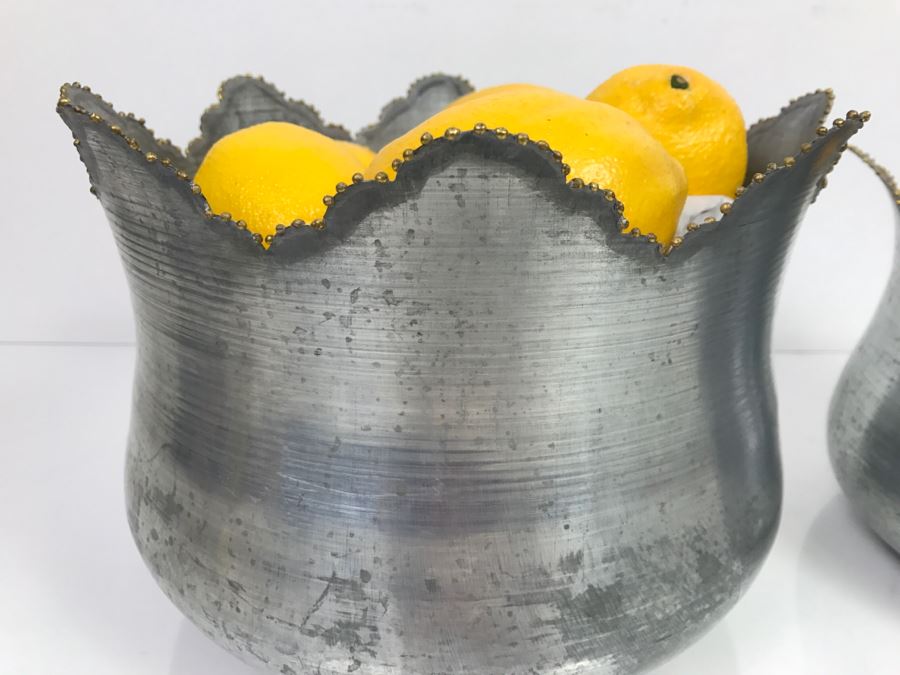Pair Of Metal Bowls Filled With Faux Fruit Lemons Pears [Photo 5]