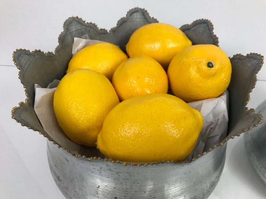 Pair Of Metal Bowls Filled With Faux Fruit Lemons Pears [Photo 9]