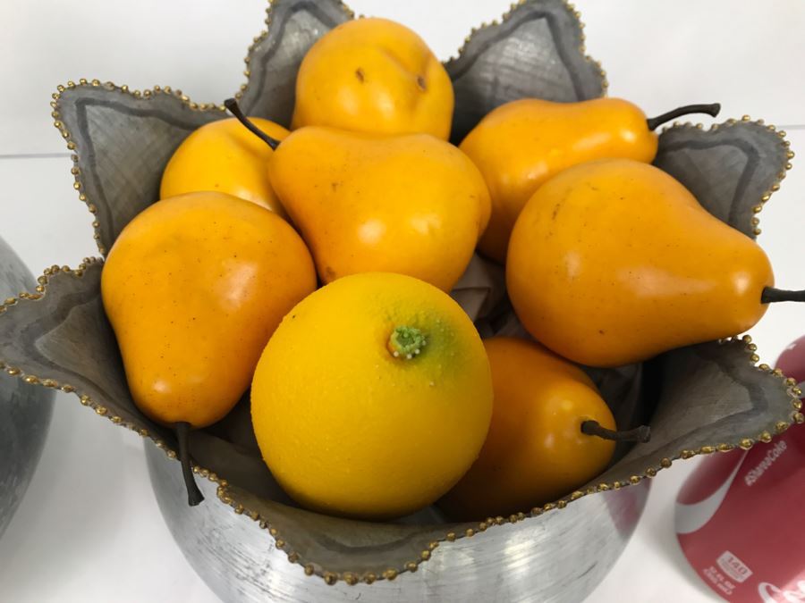Pair Of Metal Bowls Filled With Faux Fruit Lemons Pears [Photo 8]