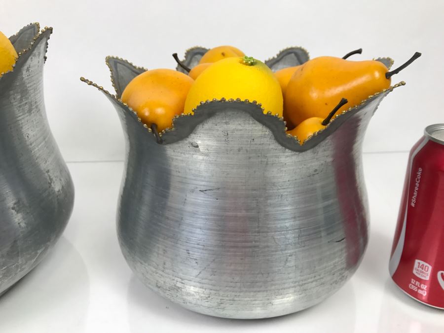 Pair Of Metal Bowls Filled With Faux Fruit Lemons Pears [Photo 7]