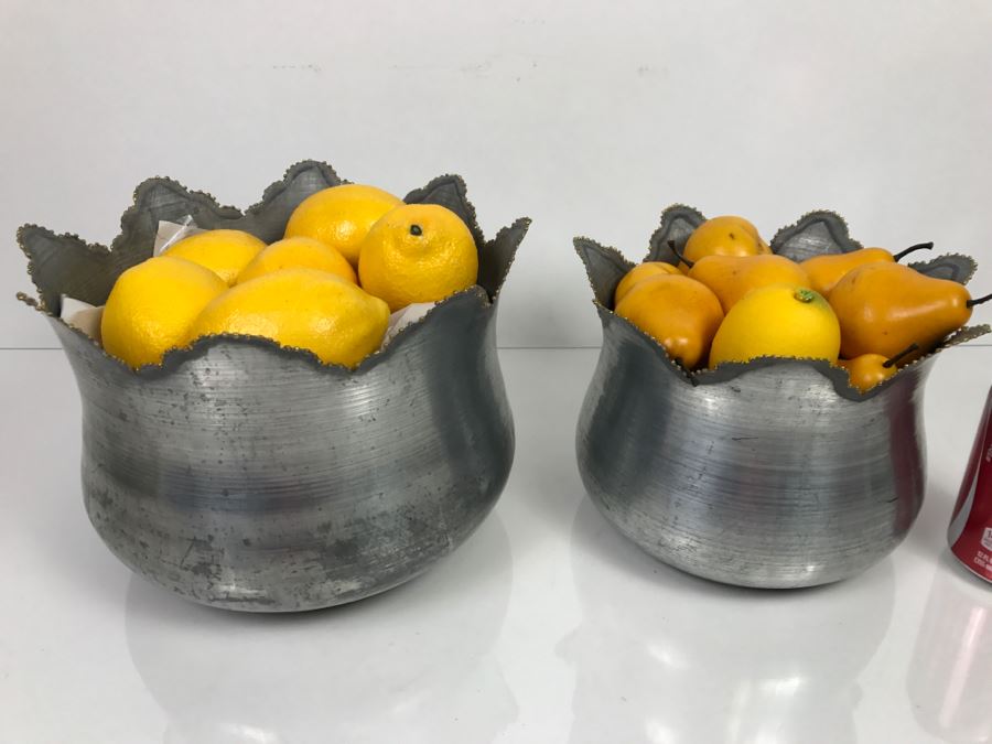Pair Of Metal Bowls Filled With Faux Fruit Lemons Pears [Photo 3]