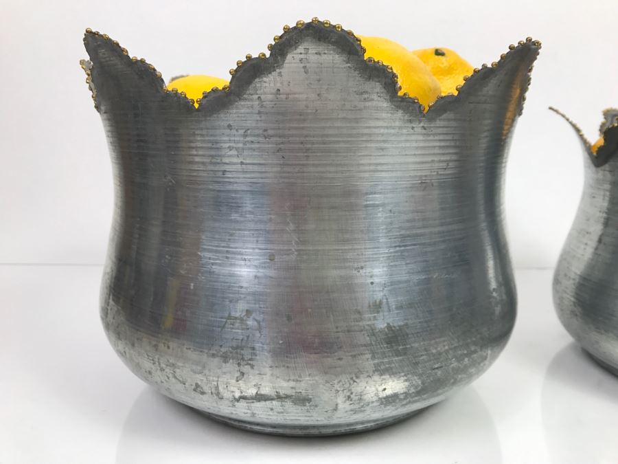 Pair Of Metal Bowls Filled With Faux Fruit Lemons Pears [Photo 6]