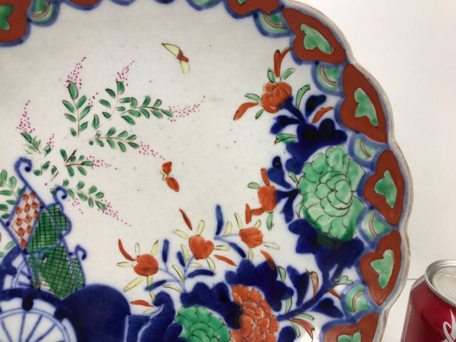 Antique Signed 19th Century Japanese Imari Plate With Rickshaw And Chrysanthemums - Slight Chip On Rim (See Photo) - Does Not Include Stand [Photo 7]
