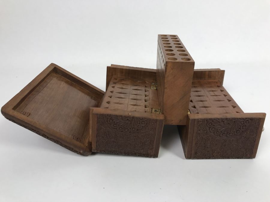 Intricately Carved Floral Patern Tri-Fold Wooden Box Possible Cigarette Storage Box [Photo 14]
