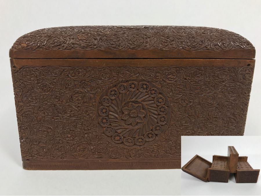 Intricately Carved Floral Patern Tri-Fold Wooden Box Possible Cigarette Storage Box