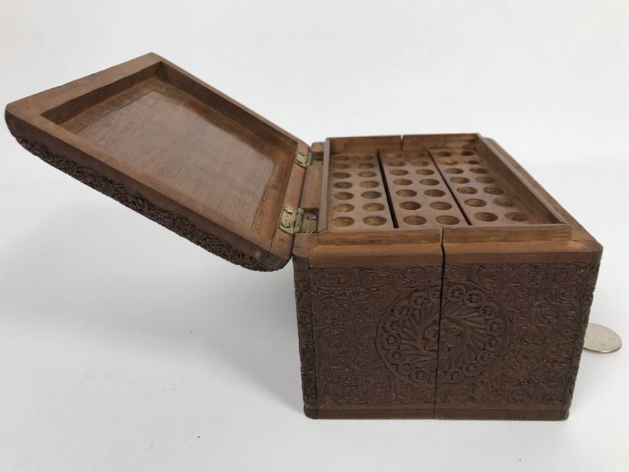 Intricately Carved Floral Patern Tri-Fold Wooden Box Possible Cigarette Storage Box [Photo 11]