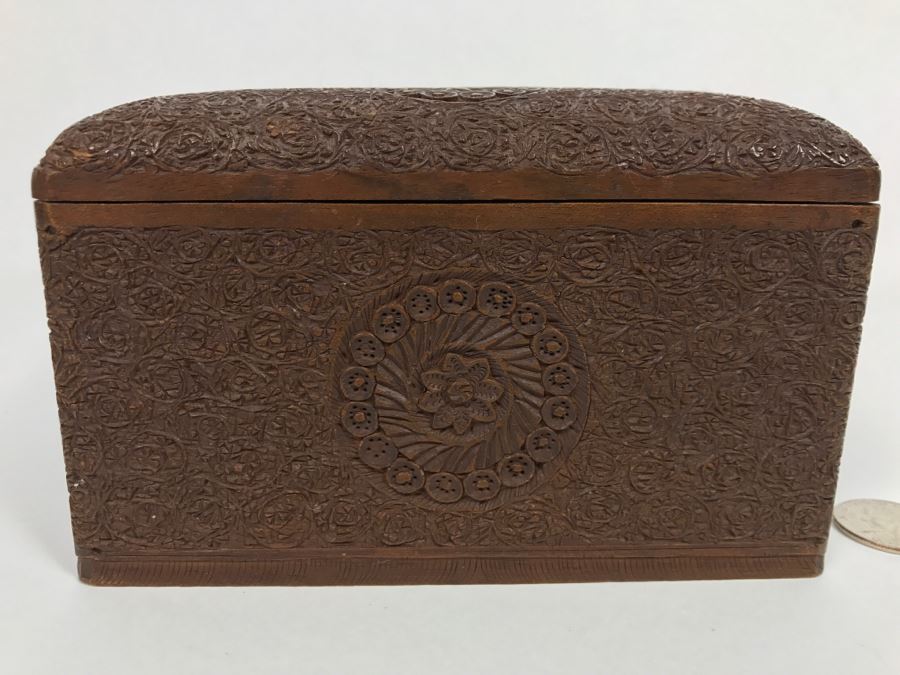 Intricately Carved Floral Patern Tri-Fold Wooden Box Possible Cigarette ...