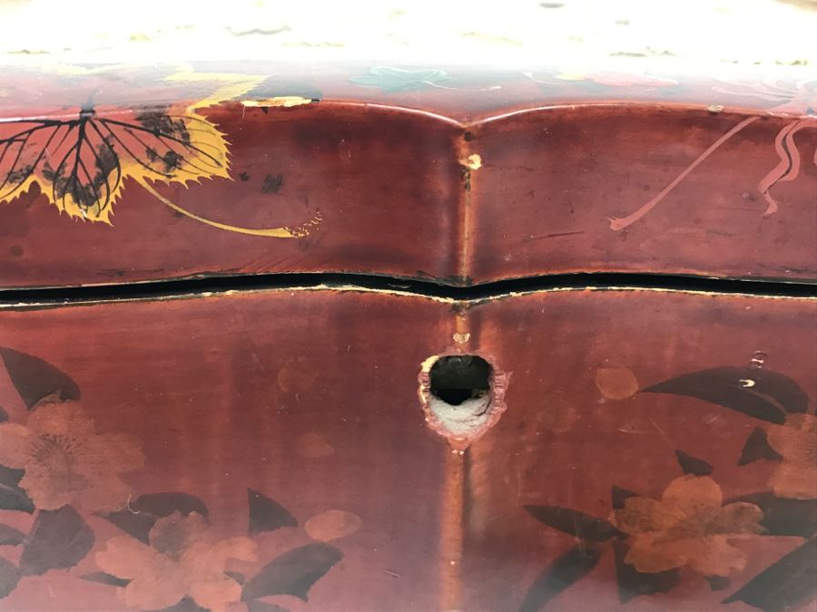 Vintage Signed Chinese Lacquer Box With Relief Bone And Mother Of Pearl Landscape Scene Featuring Birds And Chrysanthemums On Top - See Photos For Condition [Photo 15]