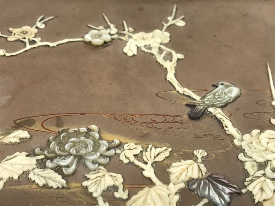 Vintage Signed Chinese Lacquer Box With Relief Bone And Mother Of Pearl Landscape Scene Featuring Birds And Chrysanthemums On Top - See Photos For Condition [Photo 7]