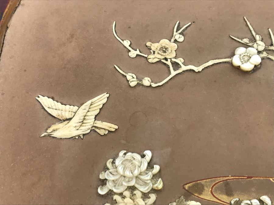 Vintage Signed Chinese Lacquer Box With Relief Bone And Mother Of Pearl Landscape Scene Featuring Birds And Chrysanthemums On Top - See Photos For Condition [Photo 11]