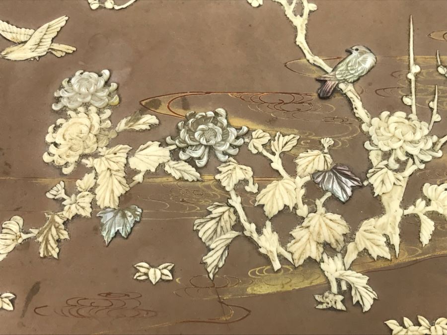 Vintage Signed Chinese Lacquer Box With Relief Bone And Mother Of Pearl Landscape Scene Featuring Birds And Chrysanthemums On Top - See Photos For Condition [Photo 10]