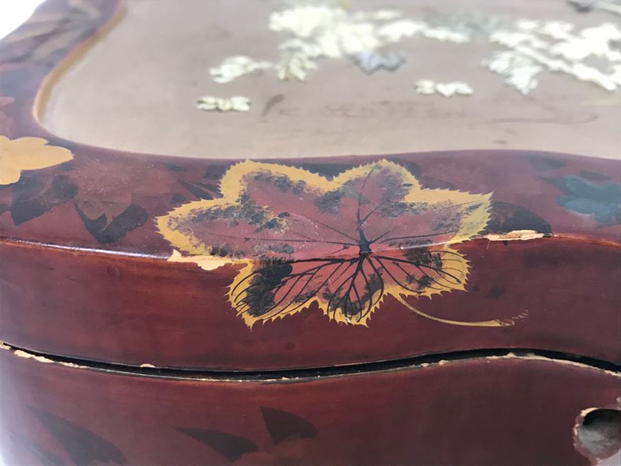 Vintage Signed Chinese Lacquer Box With Relief Bone And Mother Of Pearl Landscape Scene Featuring Birds And Chrysanthemums On Top - See Photos For Condition [Photo 14]