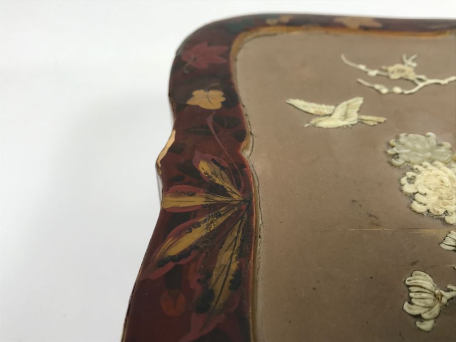 Vintage Signed Chinese Lacquer Box With Relief Bone And Mother Of Pearl ...