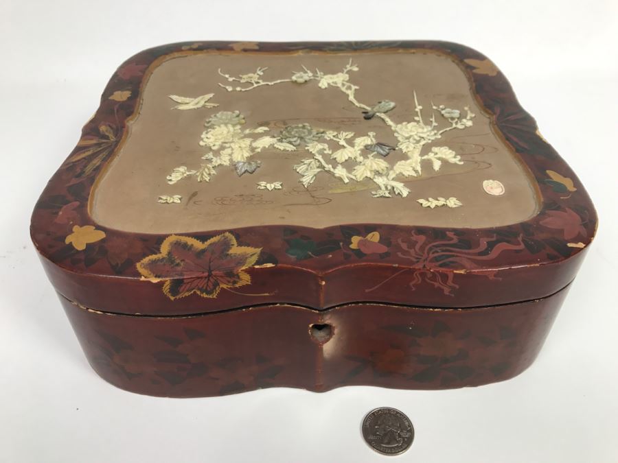 Vintage Signed Chinese Lacquer Box With Relief Bone And Mother Of Pearl ...