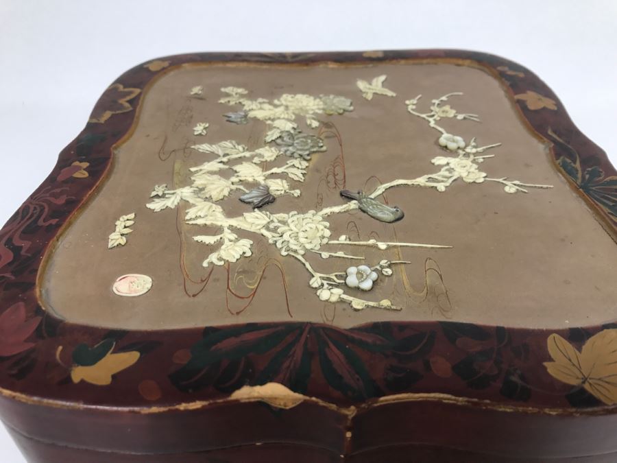 Vintage Signed Chinese Lacquer Box With Relief Bone And Mother Of Pearl Landscape Scene Featuring Birds And Chrysanthemums On Top - See Photos For Condition [Photo 24]