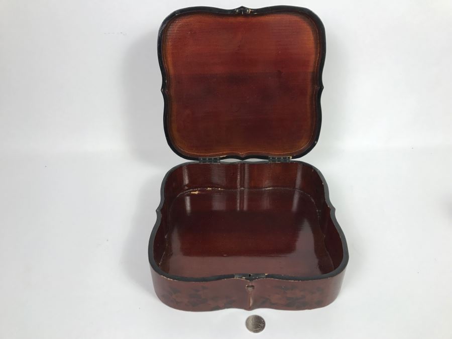 Vintage Signed Chinese Lacquer Box With Relief Bone And Mother Of Pearl Landscape Scene Featuring Birds And Chrysanthemums On Top - See Photos For Condition [Photo 26]