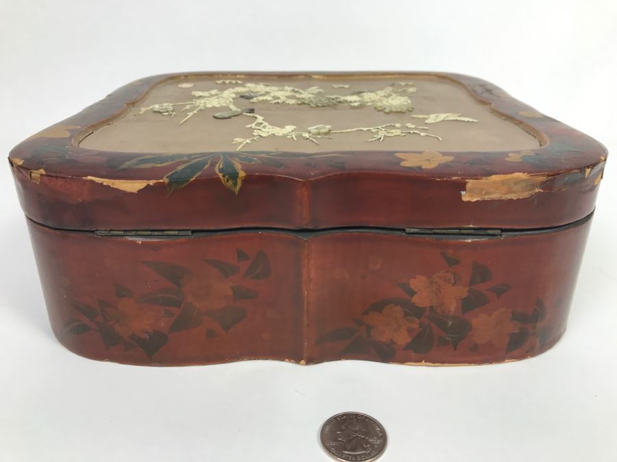 Vintage Signed Chinese Lacquer Box With Relief Bone And Mother Of Pearl Landscape Scene Featuring Birds And Chrysanthemums On Top - See Photos For Condition [Photo 20]