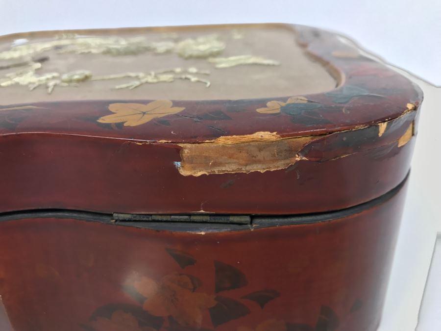 Vintage Signed Chinese Lacquer Box With Relief Bone And Mother Of Pearl Landscape Scene Featuring Birds And Chrysanthemums On Top - See Photos For Condition [Photo 21]